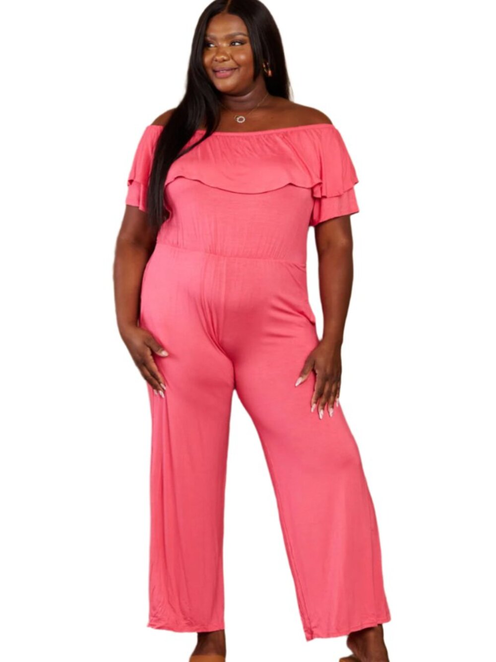 2XL Off-Shoulder Jumpsuit with Pockets in Coral Color